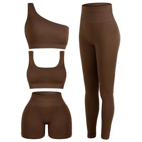 Floraltop 4 Pcs Women's Workout Sets Pilates Exercise Outfit Ribbed Scoop Neck Sports Bra Shorts Leggings Gym Clothes Set (Coffee,Large)