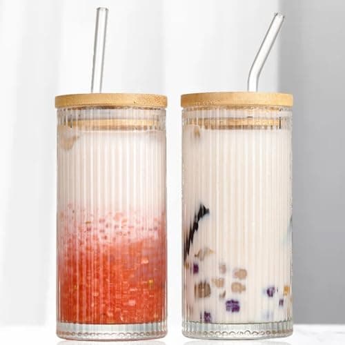 FINSTER Premium Glass Reusable Coffee Linning Tumbler with Bamboo Lid and Straw Pack of 2, 400ml, Transparent Multipurpose Drinking Glasses Travel Sipper for Juice Water Smoothies Cocktail Mugs