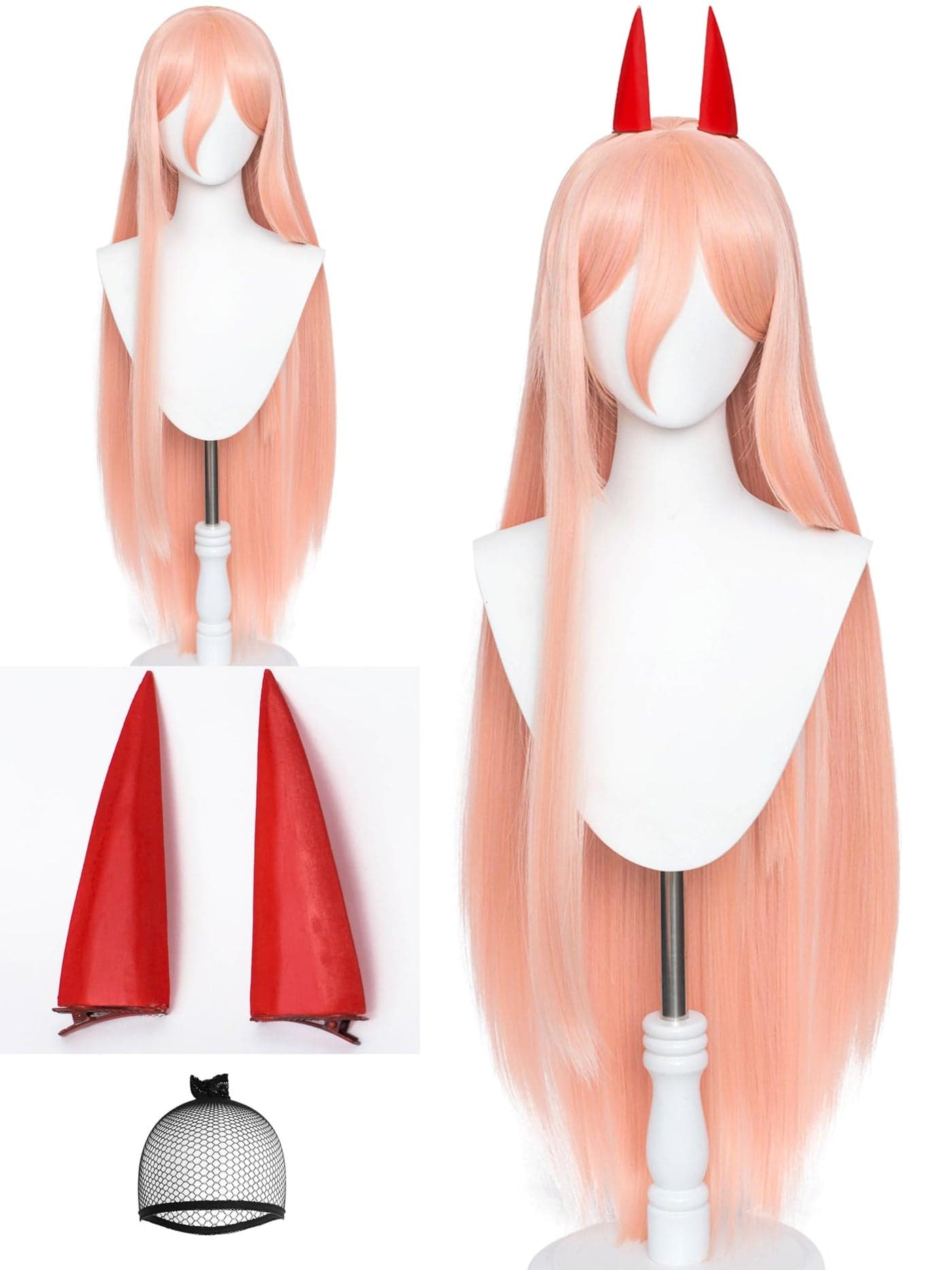 Power Wig Long Straight Anime Orange Pink Cosplay Wigs with Horn Hairpins 39 Synthetic Hair for Women Halloween Party