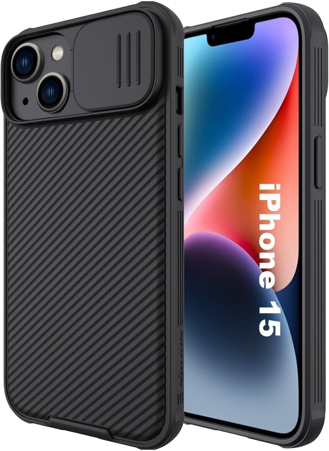 Case for iPhone 15 Camshield Cover with Slide Camera Lens Protection - PC Back & TPU Bumper, Anti-Fingerprint Soft Touch Case (Black)