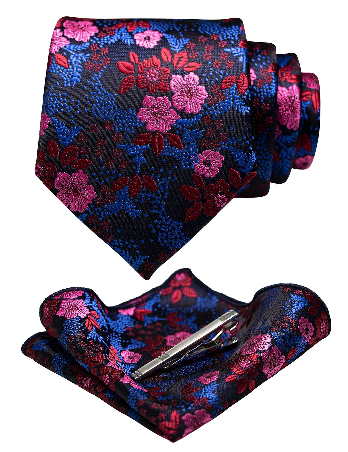 JEMYGINS Silk Blue Red Floral Necktie and Pocket Square, Hankerchief and Tie Bar Clip Sets for Men (2)