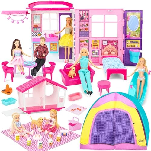 Style Shine Doll House Portable Foldable Dollhouse w 60 Pcs 2 Dolls Play House Toy with Bedroom Kitchen Pet House Camping Playset Playhouse Birthday Gift for Girl Kid Toddler