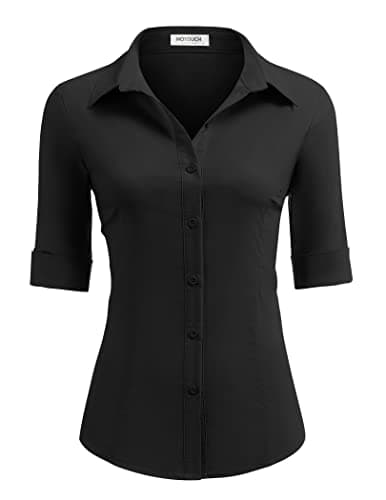 HOTOUCH Button Up Shirt Women 3/4 Sleeve Button Down Dress Shirts Waitress Blouse Staff Uniform Shirt (Black S)