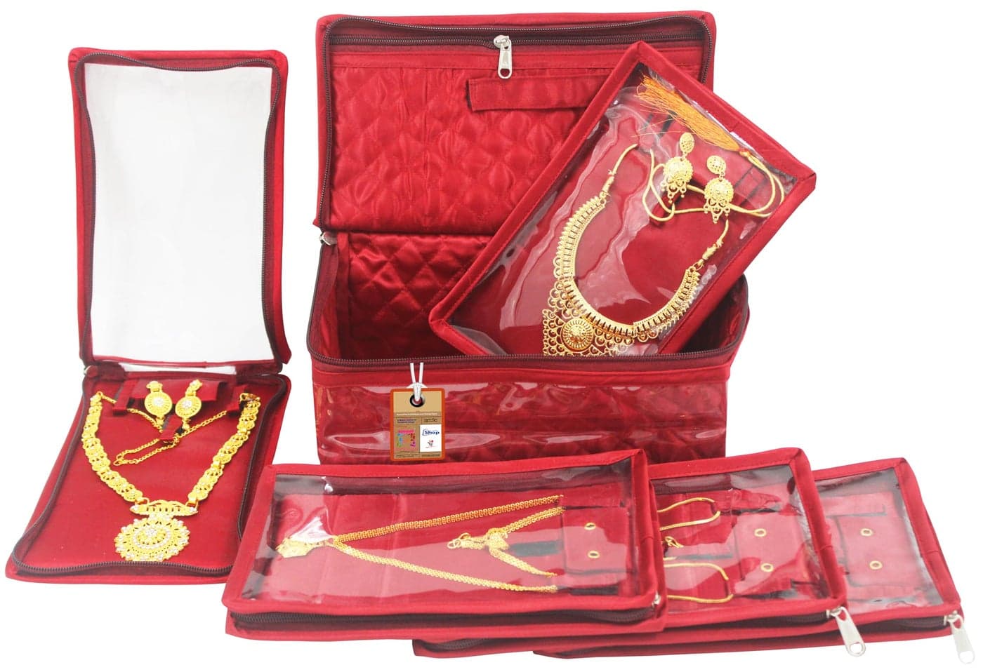 atorakushon Satin Women's Jewellery Organizer Necklace Pouches Ring Earring Travelling Make up Kit with 5 Pouch (Maroon)