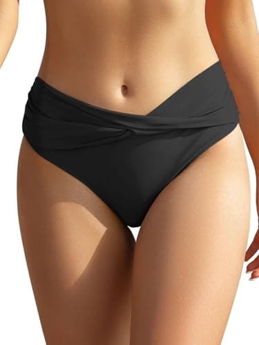 SHEKINI Women's Cheeky Swimsuit Twist Front Bikini Bottoms Ruched Swim Bottoms (Black, X-Small)