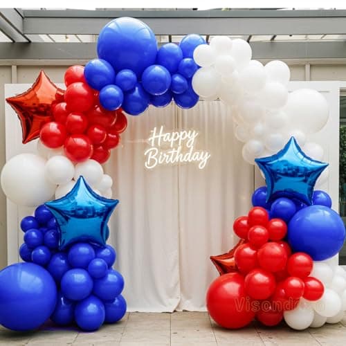 Red and Blue Double Stuffed Balloon Arch Kit with four Giant 24 Star Foil Balloons Patriotic 4th of July Baseball Nautical Birthday Decorations 51218 inch Red and Blue Balloons Garland Kit