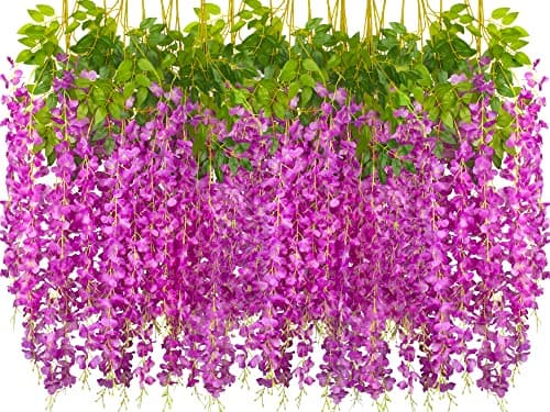 AITISOR 24 Pack Artificial Fake Wisteria Vine Ratta (3.75 Feet) Hanging Garland Silk Flowers String Home Party Wedding Decor(Purple)