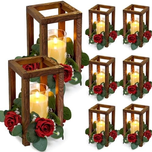Tobilu 18 Pcs Wedding Wooden Lantern Centerpiece - Rustic Wooden Candle Lantern with Rose Candle Rings Wreaths LED Candles for Valentine Wedding Party Country Farmhouse Table Decor