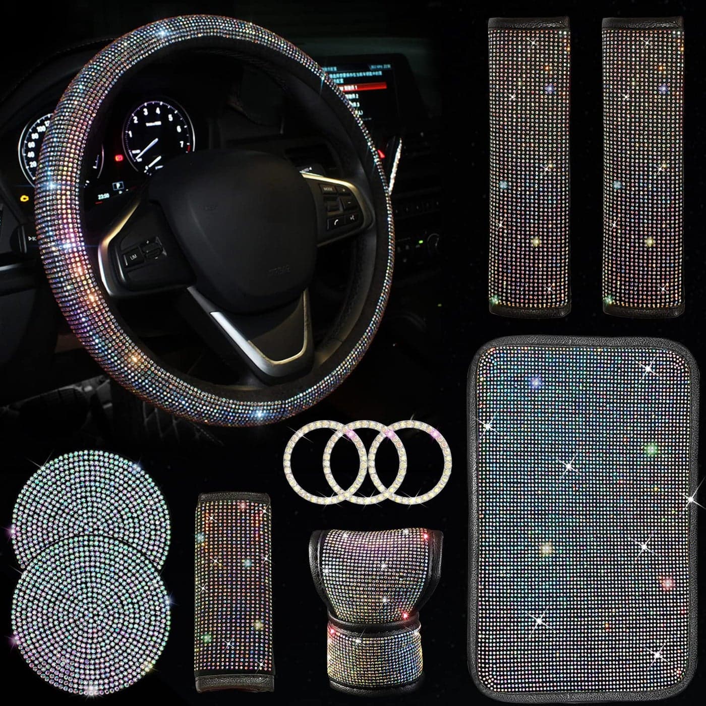 JINGSEN 11 Pcs Bling Car Accessories SetBling Car Accessories Set for WomenSteering Wheel Cover for Women Universal Fit 15 InchRhinestone Center Console CoverMulticolor