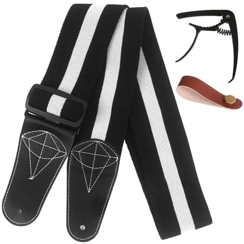 Kmise Stretchy Adjustable Guitar Strap with Guitar Capo and Strap Button,Durable Leather Ends and Stretch Cotton Comfort for Electric, Acoustic, Bass Guitars,Ideal Guitar Accessories