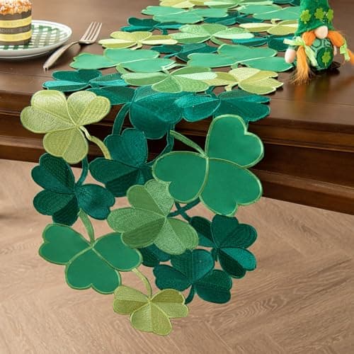 Joyfol Day St. Patrick’s Day Table Runner, Embroidered Irish Clover Dresser Scarf, Spring Green Shamrock Table Runners for Home Kitchen Dining Party Tabletop Decoration (14 x 33 Inch)