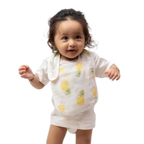 haus & kinder Tropical Twist Muslin Baby Bibs – Pack of 3 | Super Soft 100% Cotton Drool & Feeding Bibs, Highly Absorbent, 33 × 25 cm, Adjustable Snaps, Animal & Star Prints For 0–12 Months
