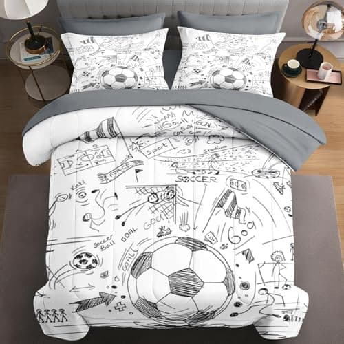 WeCozy 5 Pcs Twin Size Comforter Set with Pillowcase & Sham, Game Soccer Painting Bedding for Kids and Adults, Football Ball Cup Sport Bed in a Bag with Flat Fitted Sheet