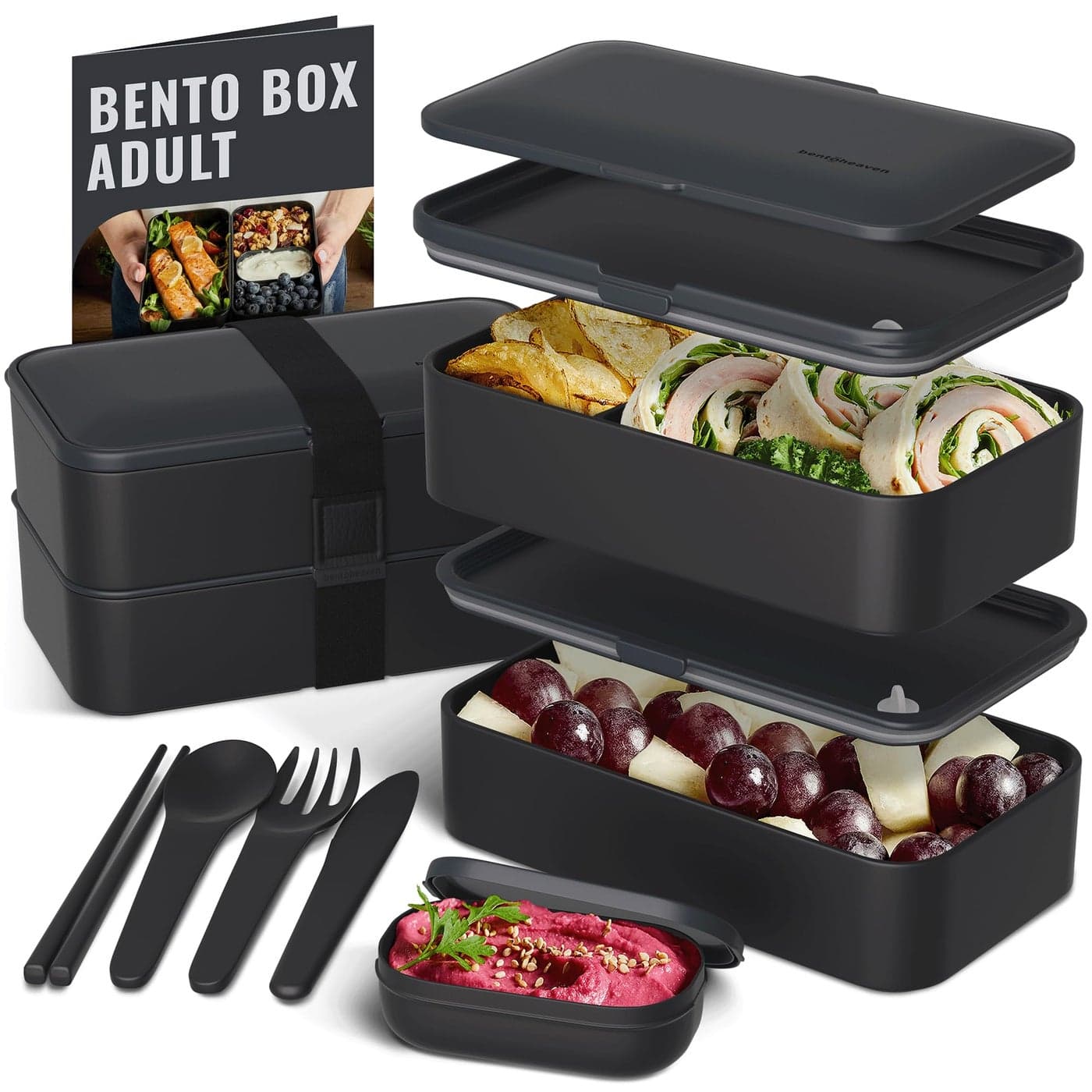 Bentoheaven Premium Bento Box Adult Lunch Box with Compartments for Women & Men, Set of Utensil & Chopsticks & Dip Container, Cute Japanese Kids Bento Lunch Box, Microwavable (Outer Space)
