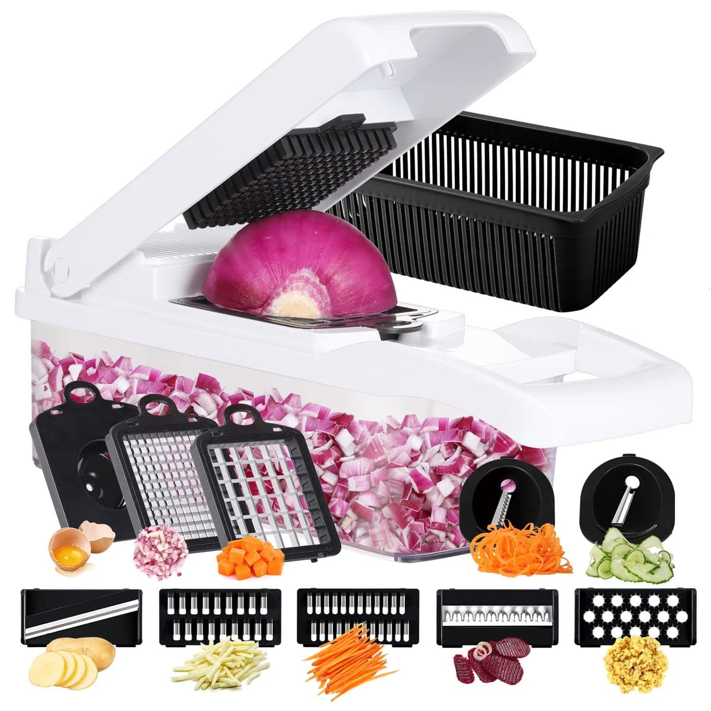 Ourokhome Vegetable Chopper Onion Cutter 14 in 1 Professional Mandoline Slicer for Kitchen Multifunctional Food Chopper for Potato Tomato Veggie with Strainer Basket 10 Blades Black