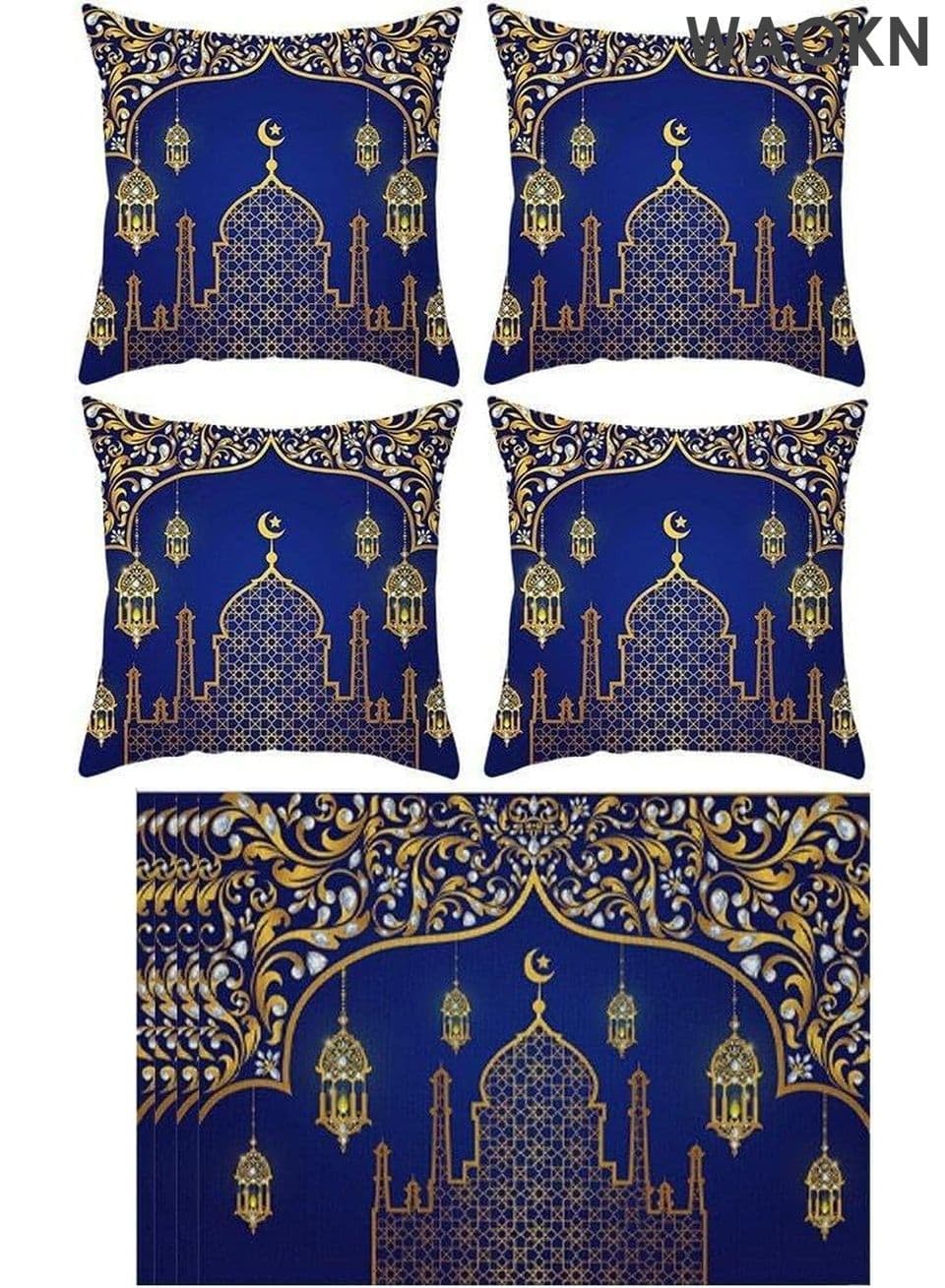Eid Mubarak Placemats & Ramadan Pillow Covers Set - Islamic Party Decor for Home - Decorative Table Mats & Throw Pillow Cases for Sofa, Dining - Muslim Festival Celebration Accessories (8-Piece)