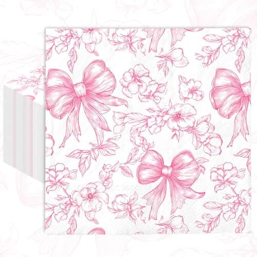 FYSUIMU 50Pcs Pink Bow Floral Paper Napkin Vintage Flower Bowknot Luncheon Disposable Napkin Beverage Dinner Dessert for Mother's Day Wedding Bachelorette Bridal Baby Shower Birthday Party Supplies