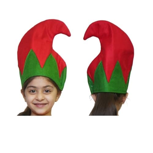 Kaku Fancy Dresses Elf Cap for Kids – Christmas Fancy Dress Accessory | Green & Red Soft Santa Helper Hat for Party & Xmas Celebrations
