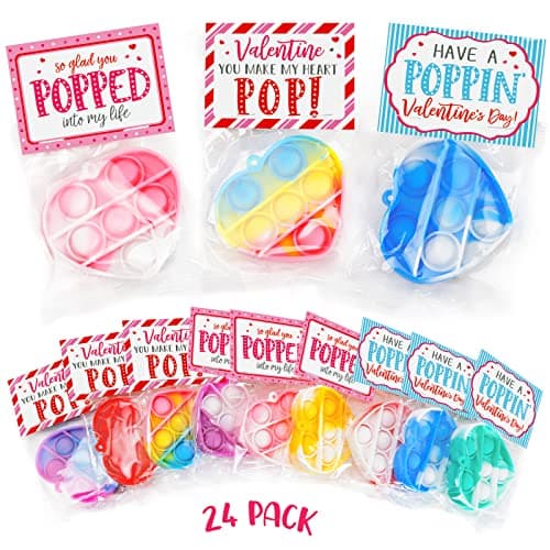 Valentines Day Cards and Gifts for Kids 24 Mini Heart Pop Fidget Toys Bulk Exchange Cards for Classroom School Party Favors Toddlers Girls Boys Age 3 Year and Up