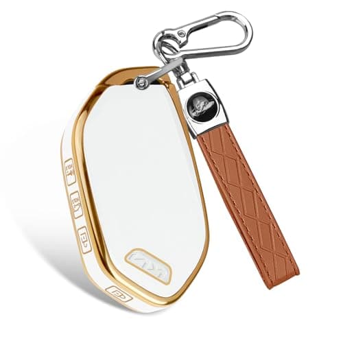 MILD EAST for KIA Key Fob Cover with Leather Keychain 5Button Full Protection Durable TPU Car Key Case Fit for Telluride Sportage Sorento Carnival Seltos K4 K5 GoldWhite