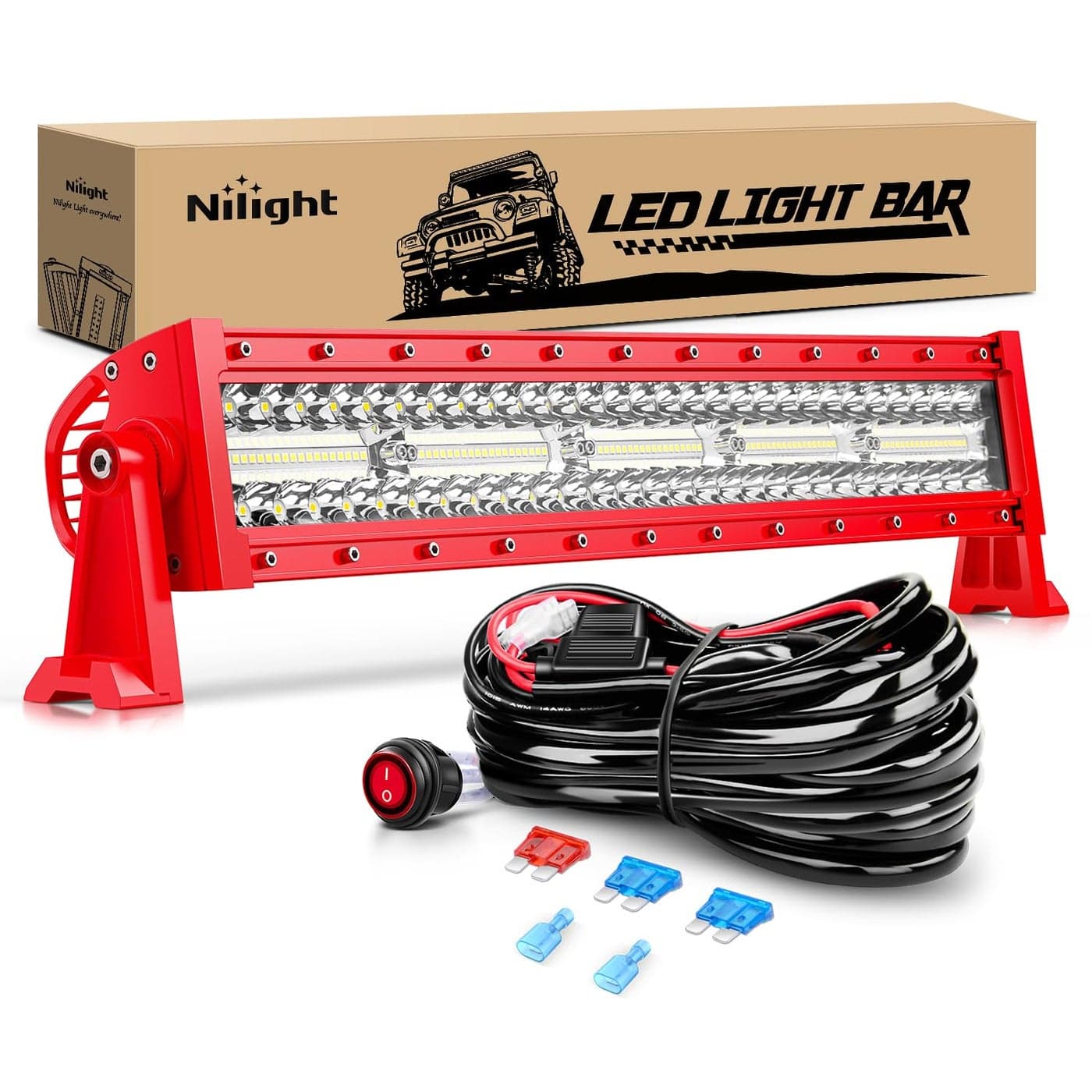 Nilight LED Light Bar 22Inch Triple Row Spot Flood Combo Lights Red Shell with Wiring Harness Kit for Fog Driving Work Lighting on OffRoad Truck SUV ATV UTV