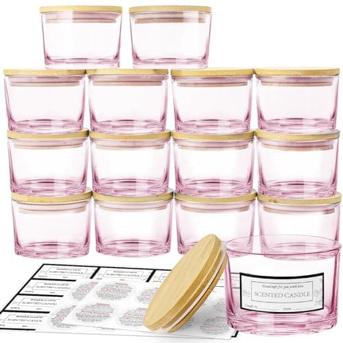 CONNOO 15 Pack 4 OZ Pink Glass Candle Jars with Airtight Bamboo Lids for Making Candles, Bulk Small Wide Mouth Empty Candle Containers with Sticky Warning Labels - Dishwasher Safe