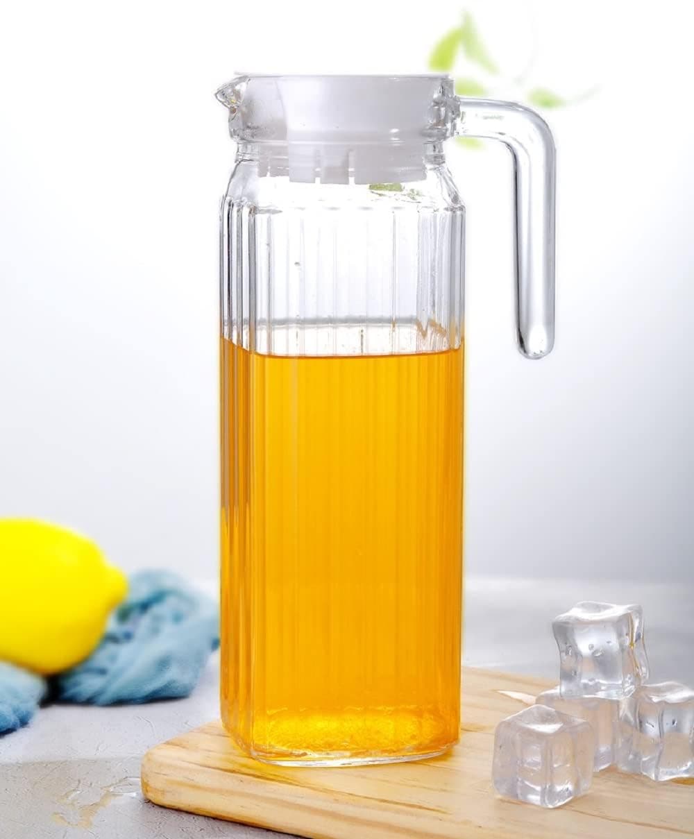 WQR Premium 1100ml Glass Water Jug with Plastic Lid & Handle | 1.1L Transparent for Home, Office, Pitcher for Water, Milk, Juice, Beverage, Cocktail Set of 1 (JAG A =)
