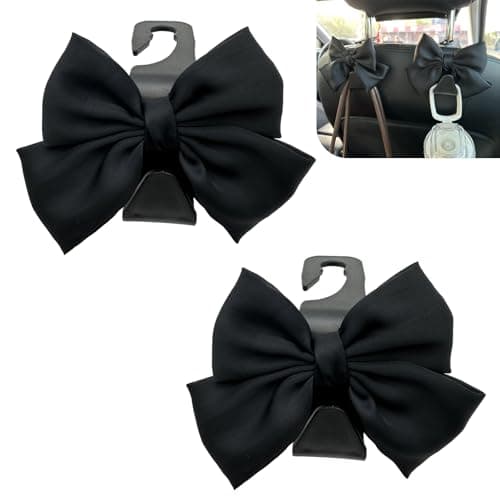 Zikefest 2PCS Car Seat Headrest Hooks Car Purse Hook for Car Cute Bow Car Rear Seat Storage Hooks Interior Decorating Accessories for Purses Bags Umbrellas Black
