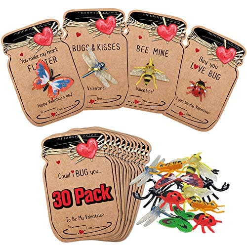 Valentines Day Gifts for Kids 30 Pack Love Bug Card Bulk 6 Different Bugs Toy Funny Greeting Valentine Exchange Cards for Boys Girls School Class Classroom Party Favors