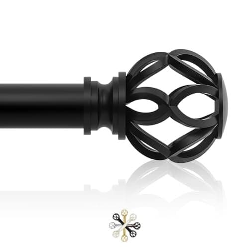 TVWOO Black Decorative Farmhouse Curtain Rods:72-144"Adjustable Heavy Duty Single Window Curtain Rod for Bedroom Living Room,Matte Black Boho Rustic Drapery Rods with Vintage Twist Finial Easy Install