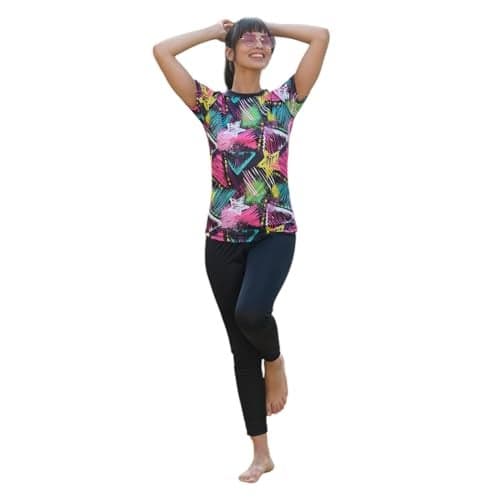 RRovars Poly Jersey Two Piece Women Swimwear Printed Swim Top with Plain Legging (Pink; S)