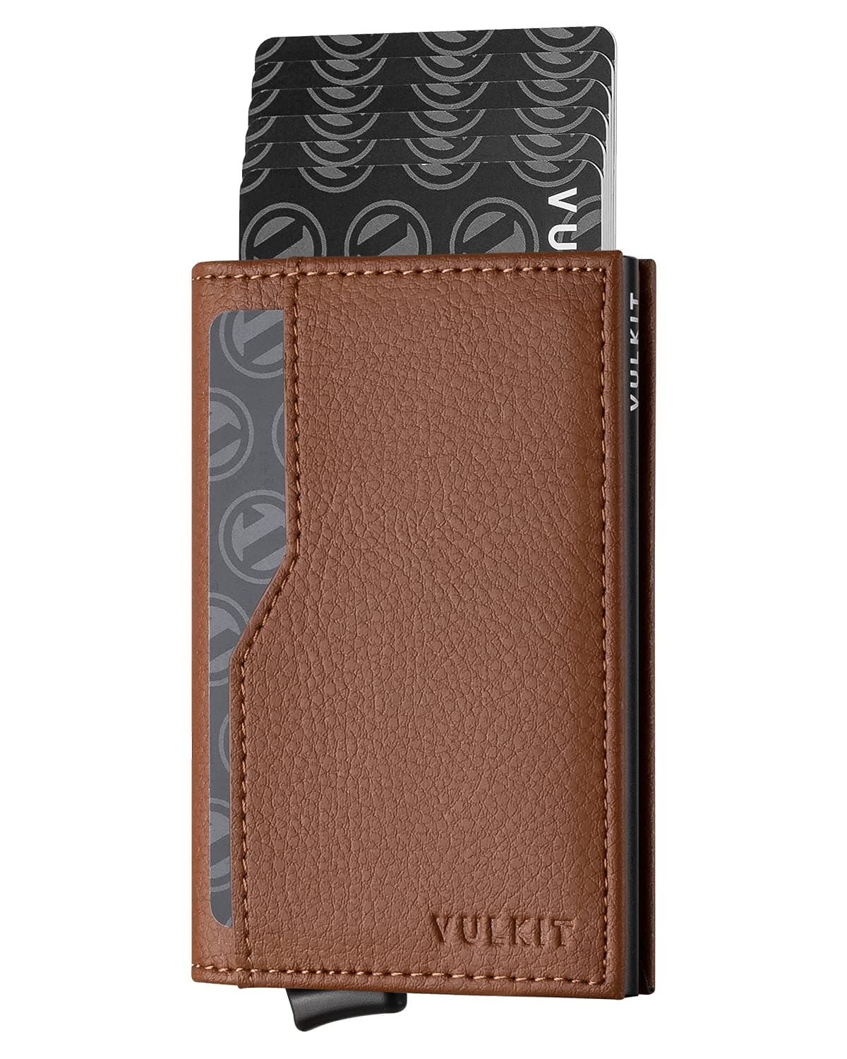 VULKIT Card Holder Wallet with Double ID Windows RFID Blocking Pop Up Wallet Minimalist Design for 12 Cards, Brown