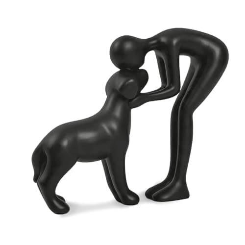 FriyGardcn Abstract Resin HandPainted Sculpture of Person and Dog Bonding HeadtoHead Intimate Figurine Decoration for OfficeLiving RoomBedroomHome Memory Gifts for Pet Lovers Black