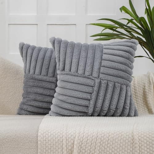 All Smiles Couch Decorative Throw Pillow Covers 18x18 Set of 2 Faux Fur Plush Soft Fluffy Velvet Cushion Case Cozy Fuzzy Striped Pillowcase Home Decor for Sofa Living Room BedroomGray