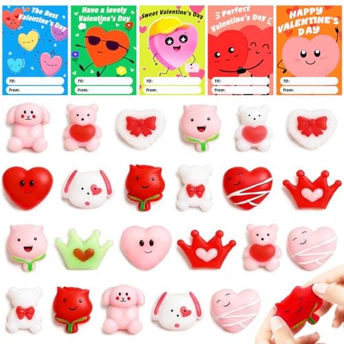 24 Pcs Mochi Squishys Toy Valentines Day Gifts for Kids Valentines Day Cards for KidsValentines Gift Birthday Party Favors for KidsEaster Basket Stuffers GiftsSquishy Fidget Toys