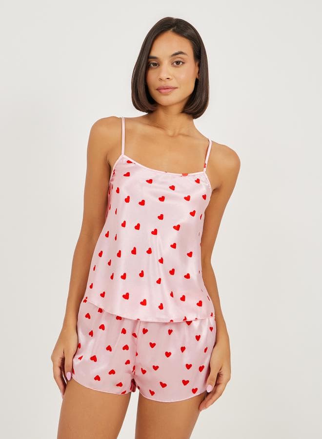 Satin All Over Heart Print Cami And Shorts Set