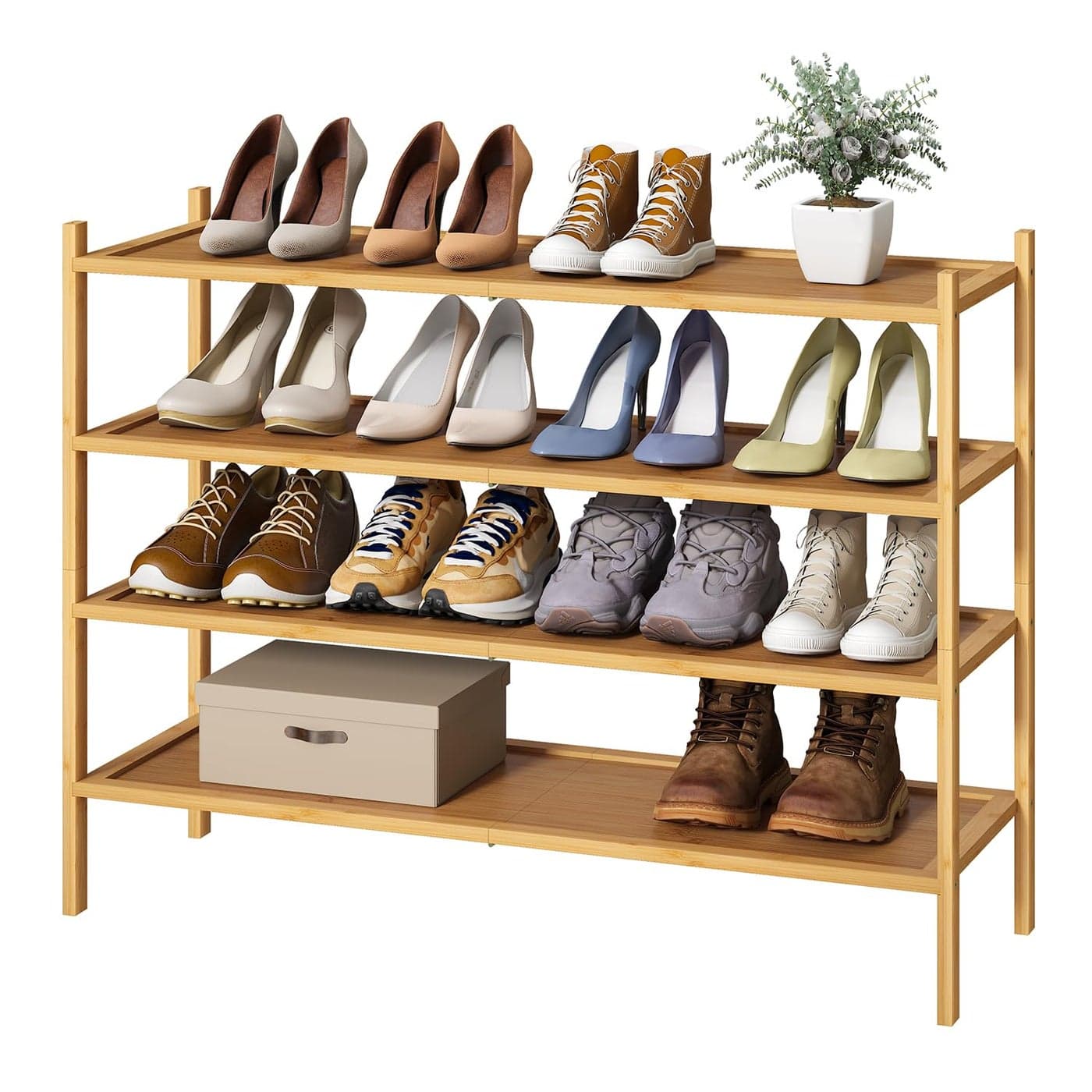 kiplant Long Shoe Rack 4Tier Bamboo Wood Shoe Rack Stackable for Closet Entryway Hallway