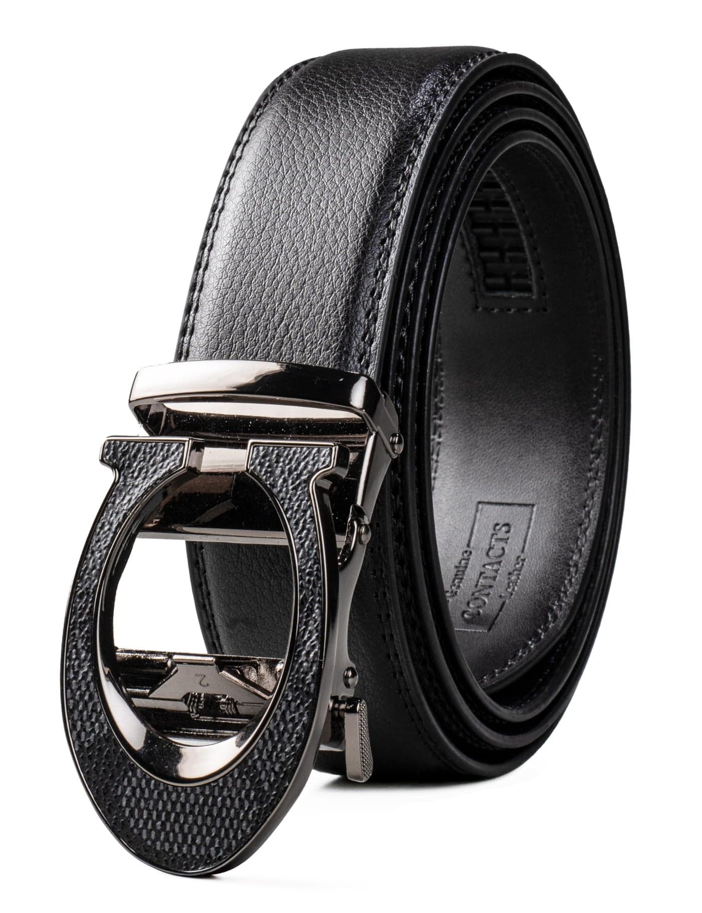 Contacts Leather Belt for Men Formal and Casual - Automatic Ratchet Belts - (C Logo “Gunmetal Black” Waist Size Fit From 28" to 42”)