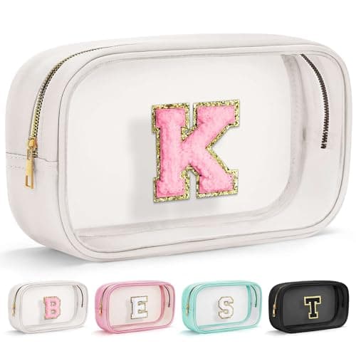 YOOLIFE Initial Make Up Bag Travel Toiletry Bag, Clear Makeup Bag Preppy Cosmetic Bag Gifts for Women Teen Girlfriend Teacher 16 Year Old Girl Gifts Daughter Gifts Swim Gifts For Girls White K