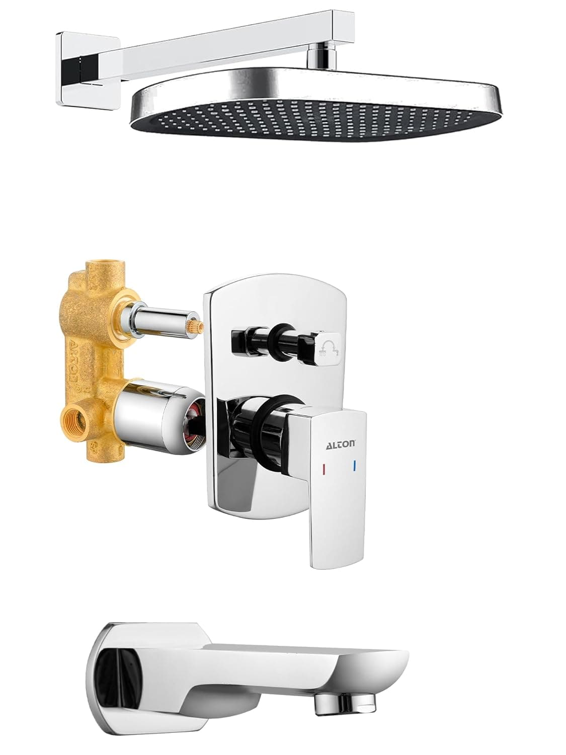 ALTON QDR5660 Brass Concealed Body High Flow Diverter Full set With Overhead Shower and Bath Tub Spout Silver