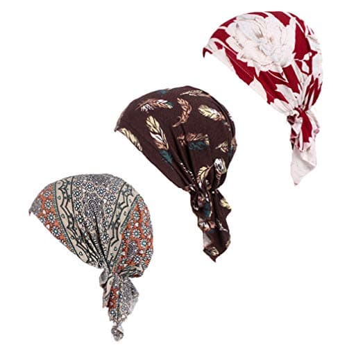 Pre Tied Chemo Head Scarf 3 Packed Beanie Skull Cover Cap for Women (Set2)