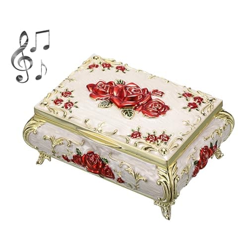 ELLDOO Vintage Music Box, Beige Metal Musical Jewelry Box Keepsake Box, Small Trinket Jewelry Storage Box Gift for Girl Women (Tune: You are My Sunshine), Red Rose Pattern