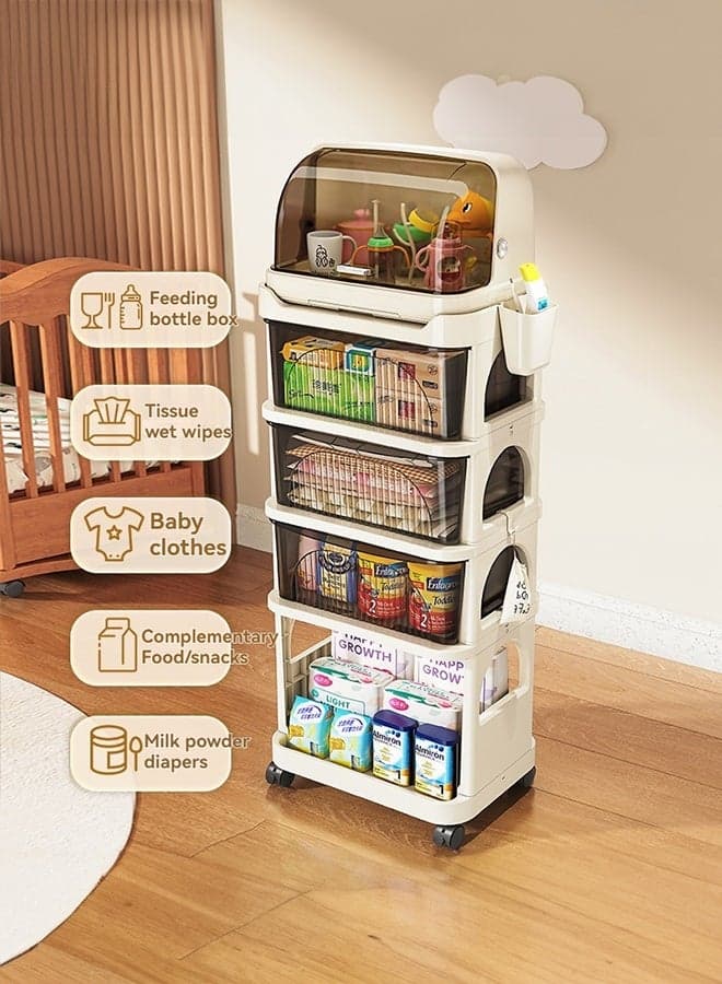 5-Layer Baby Rolling Cart Organizer with Drawers, Mobile Storage for Baby Essentials, Toys, Books & Diapers, Includes Dustproof Box & Drying Rack for Nursery, Bedroom (Transparent Black)