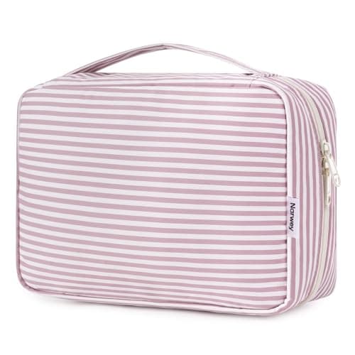 Narwey Small Hanging Travel Toiletry Bag for Women, Travel Bag for Toiletries, Makeup Bag Organizer Cosmetic Bags Make Up Bags for Girls (Dusty Pink Stripe)