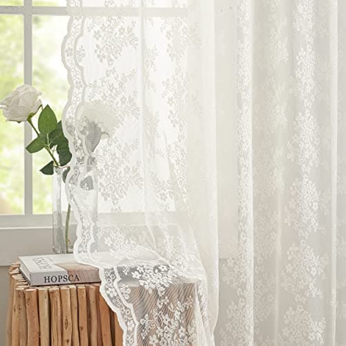 YJ YANJUN Vintage Lace Curtains 84 Inches LongRomantic Flowers and Branch Sheer Lacy Curtains for Living Room French Door 1 Pair Rod Pocket 52 x 84 Inch Ivory