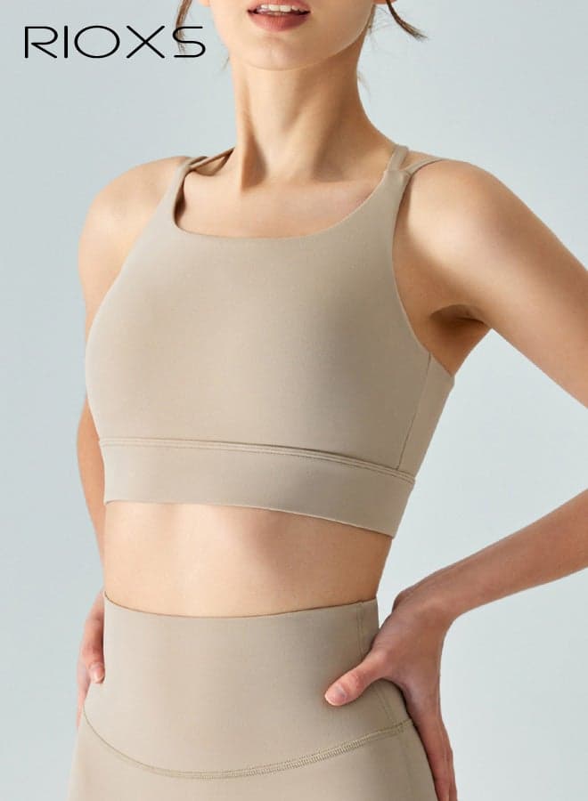 Womens Cross Back Sports Bras, Breathable Push Up Strappy Scoop Neck Workout Crop Tank Top with Built in Pads, Stretch Medium Support Workout Yoga Bras for Running Hiking Riding, Khaki