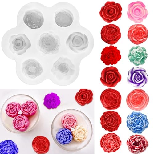7 Cavity Flower Silicone Molds, Flower Candle Molds for Candle Making, Rose Peony Fondant Molds for Jelly Chocolate Mousse Cake Decorating Scented Candles Soaps Making, Wax, Resin Casting Crafts