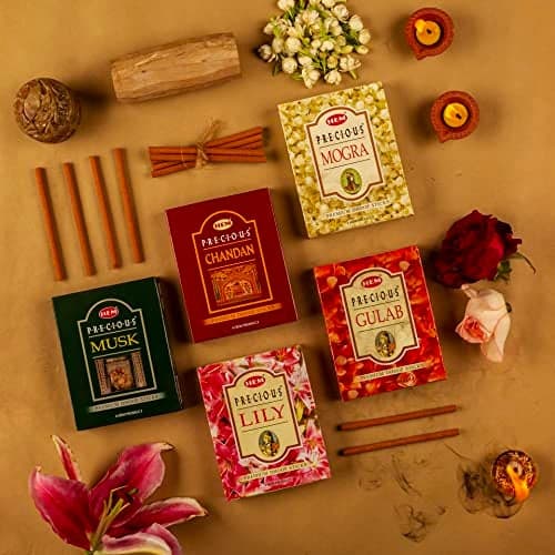 Hem Precious 5 Variant Assorted Dhoop Sticks Set | Bambooless & Charcoal-Free | Chandan, Gulab, Mogra, Lily & Musk Fragrances | Burns 25-30 Min | Approx. 55 Sticks | 60g Each