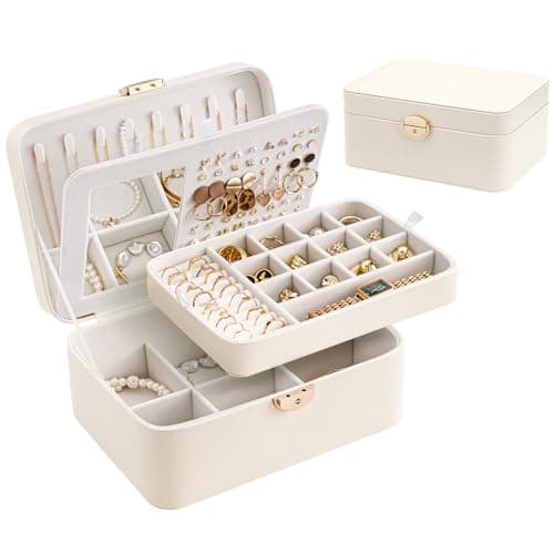 Lolalet 2 Layer Jewelry Box for Teen Girls & Young Women, Jewelry Organizer Case with Round Clasp and Mirror for Earrings Rings Necklaces Storage, Gift Idea -Cloud White