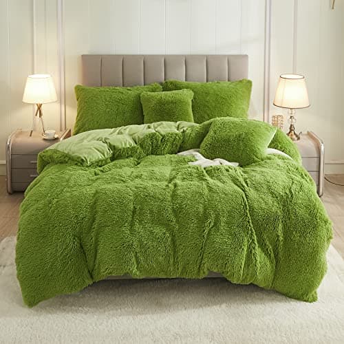 Uhamho Faux Fur Velvet Fluffy Bedding Duvet Cover Set Down Comforter Quilt Cover with Pillow Sham, Ultra Soft Warm (Apple Green, Twin)